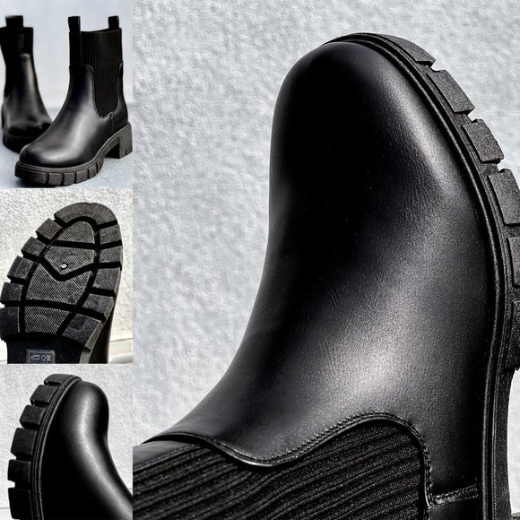 NEW Black Chunky Lug Sole Platform Elastic Cute Ankle Sock Boots Chelsea Bootie - Picture 6 of 11